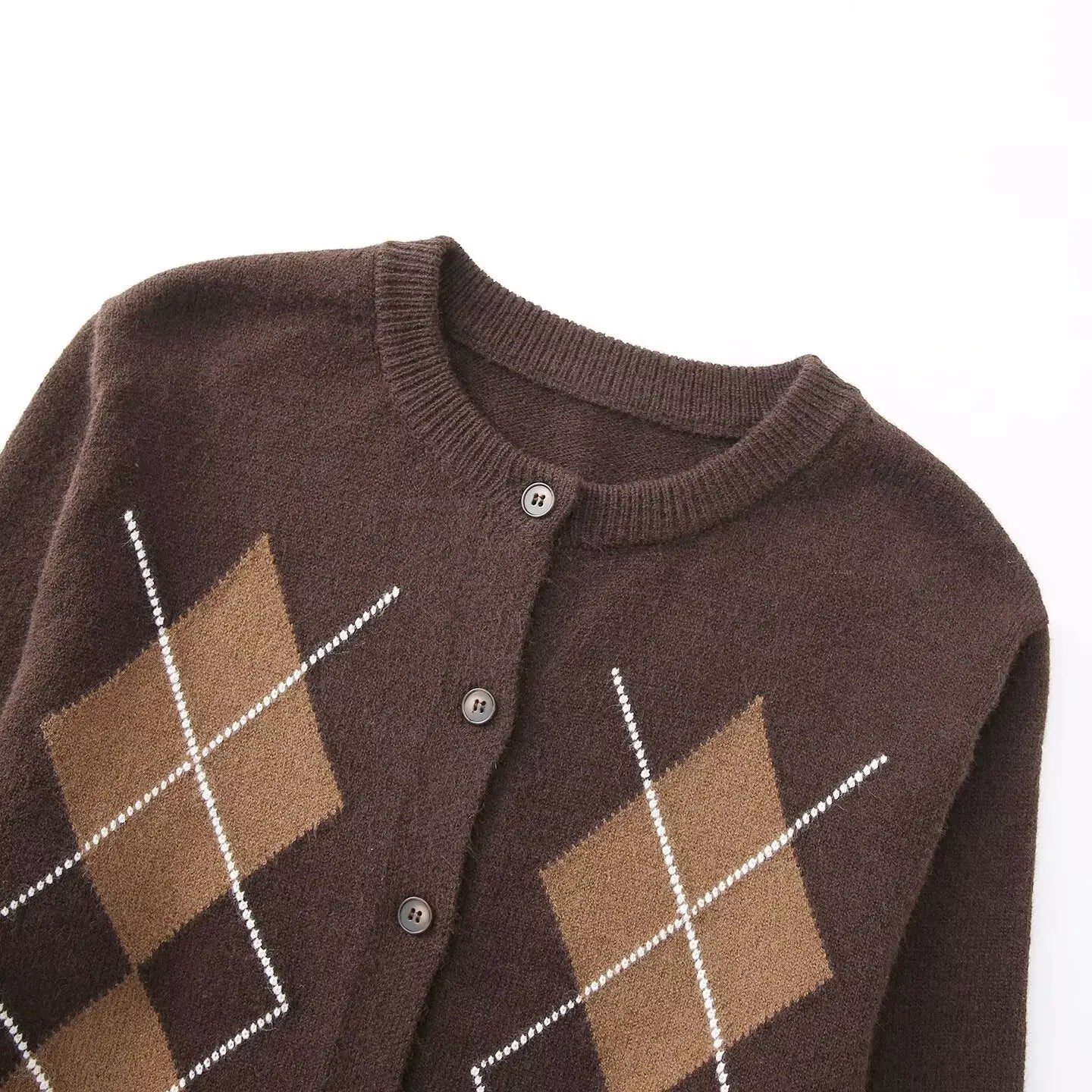 Women Diamond Plaid Round Neck Cardigan | Knitted Sweater | Autumn