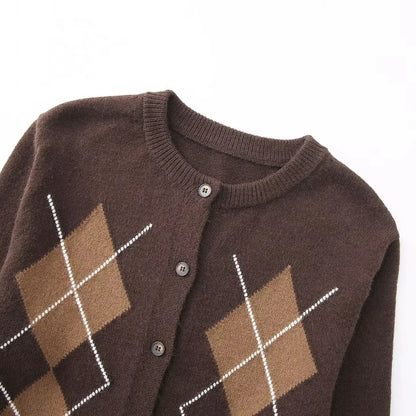 Women Diamond Plaid Round Neck Cardigan | Knitted Sweater | Autumn