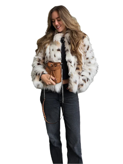 Women Vintage Leopard Fur Short Coat | Casual Loose Stand Collar Winter Outwear
