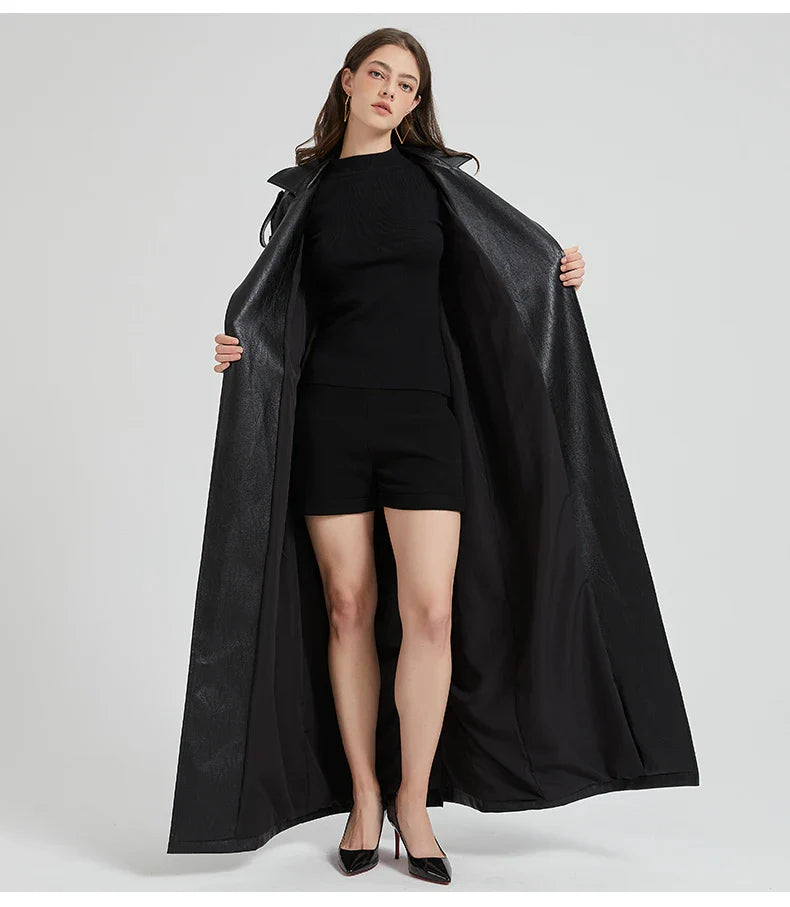 Women Extra Long Leather Trench Coat | Luxury Chic Overcoat | Autumn