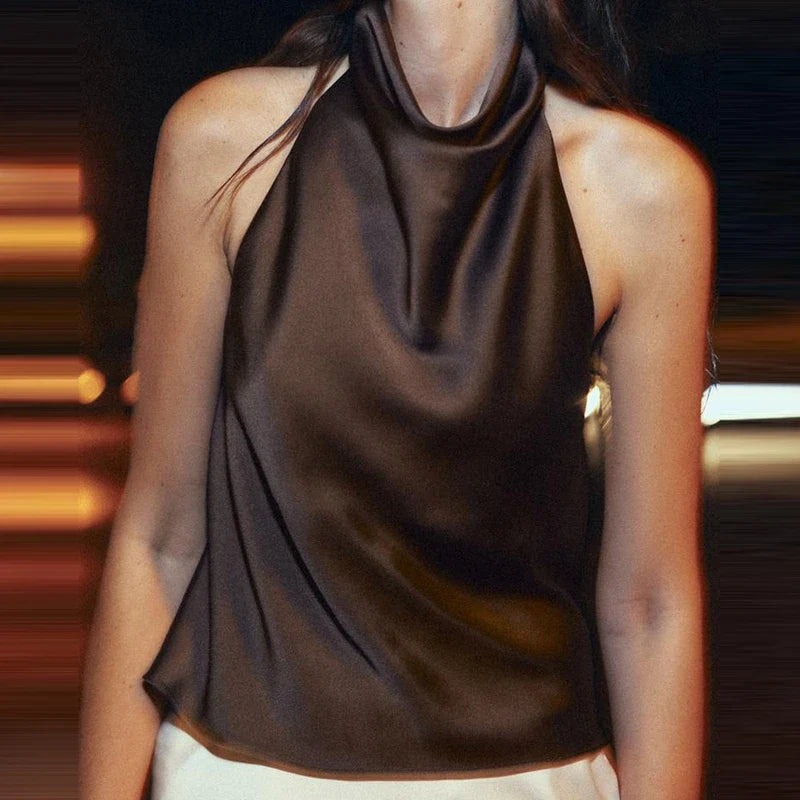 Women Satin High Neck Tank Top | Silk Halter Neck Top | Camisole | Y2K | Summer Dark Brown