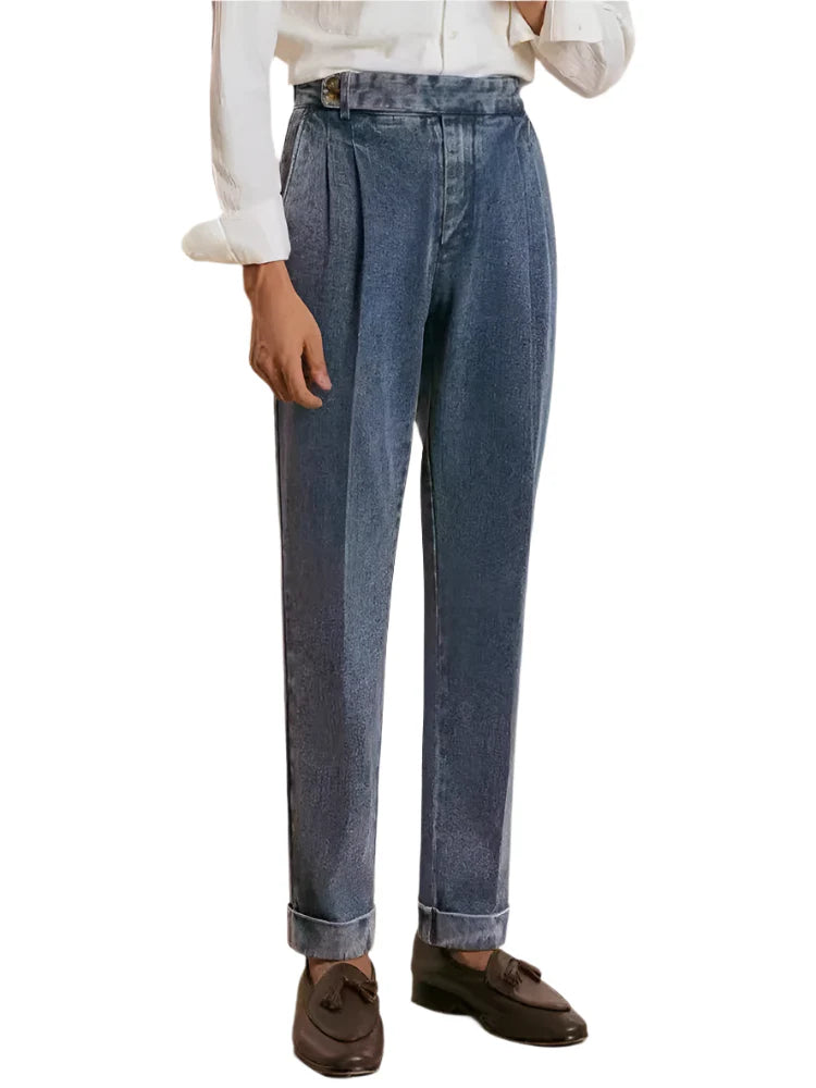 Men Naples Denim Trousers | Washed Denim Pants | Slim Fit Draped Straight Jeans