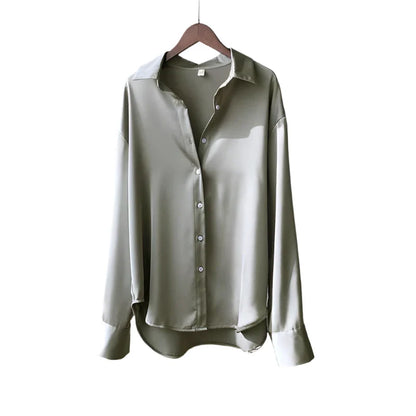 Women Satin Blouse | Long Sleeve Button-Down | Casual Office Silk Shirt Grey