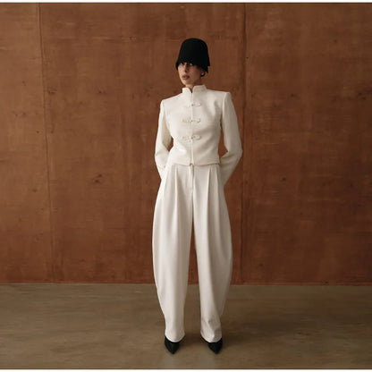Women Napoleon Jacket | Elegant Office Short Coat | Stand Collar | Spring Jacket | Knotted Jacket