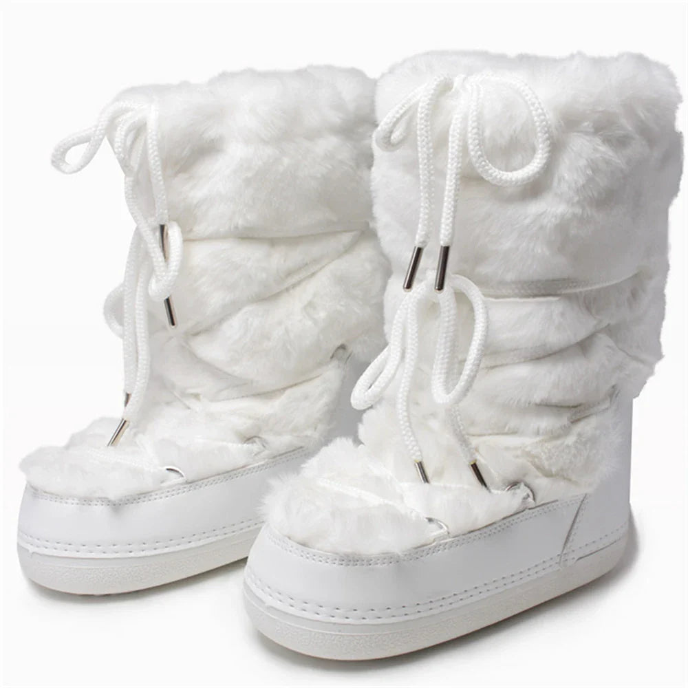 Women Warm Long Fur Snow Boots | Ski Boots | Winter Boots | Mid-calf Boots white