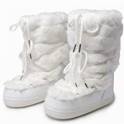 Women Warm Long Fur Snow Boots | Ski Boots | Winter Boots | Mid-calf Boots white