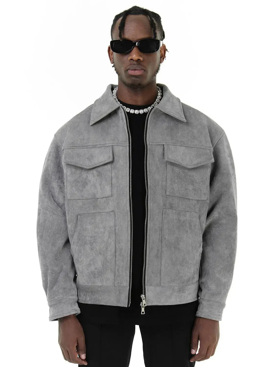Men Vintage Twin Pocket Jacket | Suede Crock Jacket with Zipper Gray
