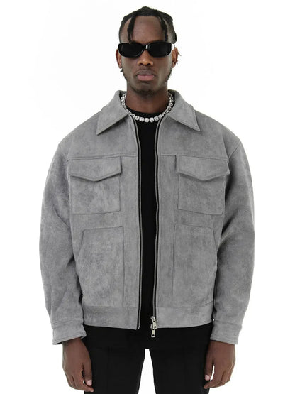 Men Vintage Twin Pocket Jacket | Suede Crock Jacket with Zipper Gray