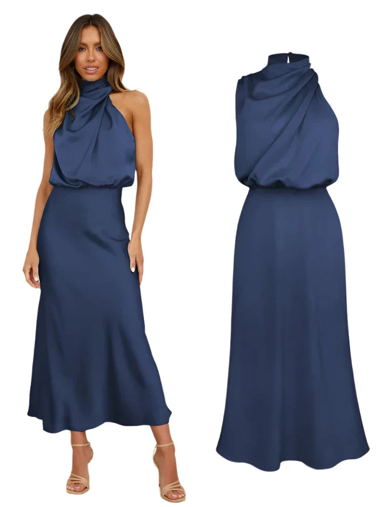 Women Satin Long Dress | Silk Sleeveless Evening Dress | Party Dress Navy