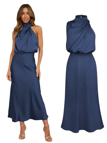 Women Satin Long Dress | Silk Sleeveless Evening Dress | Party Dress Navy