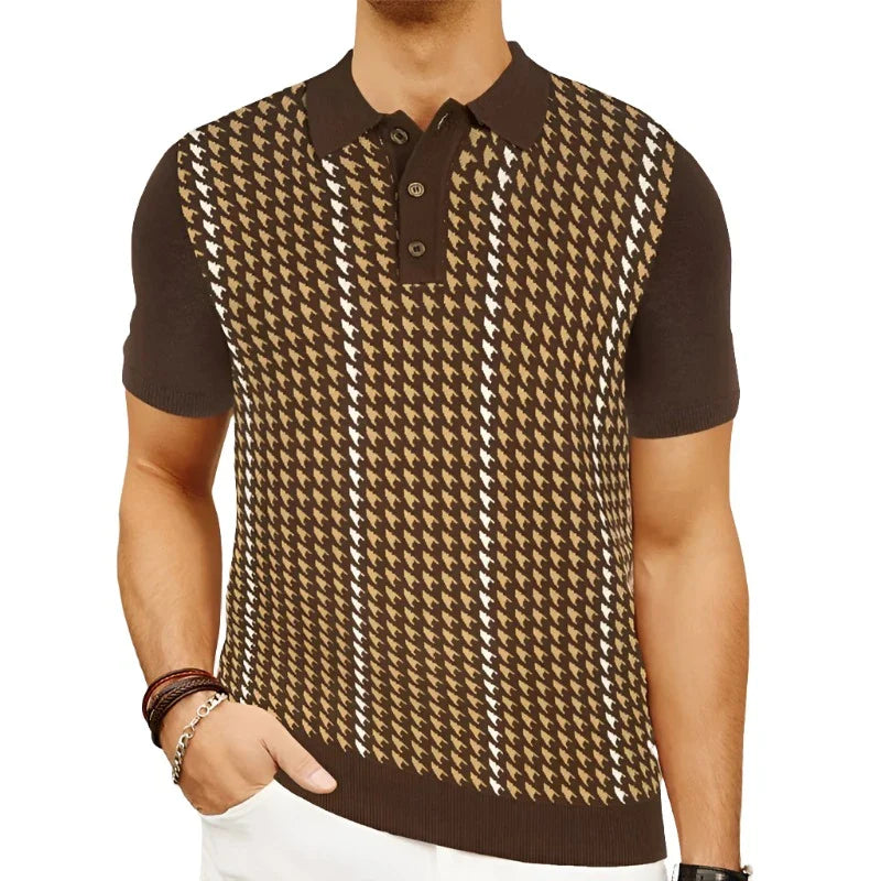 Men Classic Houndstooth Knitted Polo Shirt | Crochet Knit Polo Collar | Short Sleeve Pullover
