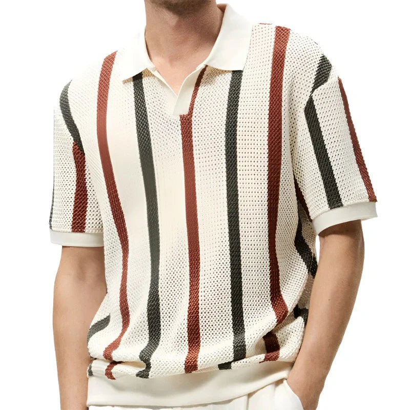 Men Knitted Striped Shirt | Men Breathable Summer Shirt | Hollow Knit Striped Shirt