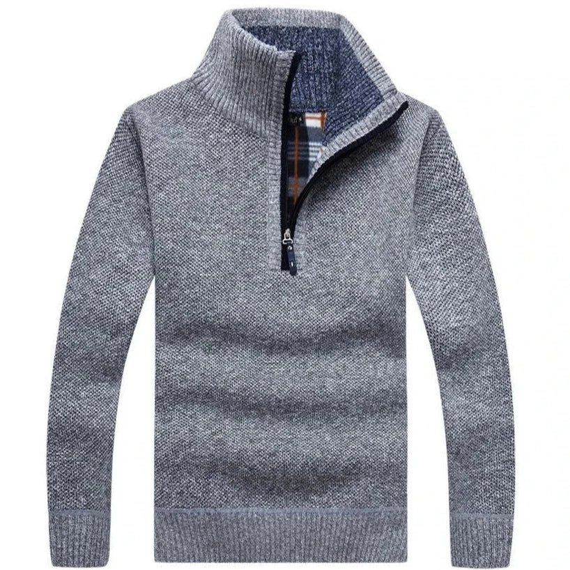 Men Fleece Thick Sweater | Half Zipper Turtleneck Warm Pullover | Slim Knitted Wool Sweater Light Grey