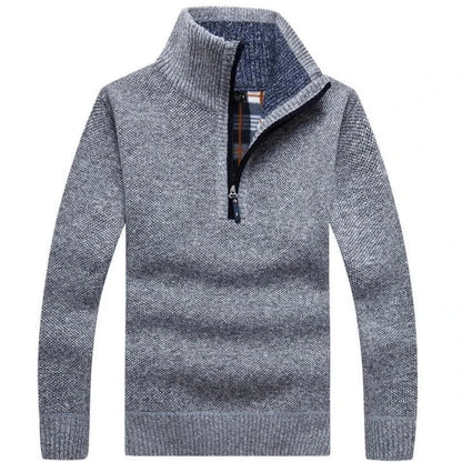 Men Fleece Thick Sweater | Half Zipper Turtleneck Warm Pullover | Slim Knitted Wool Sweater Light Grey