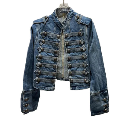 Women Metal Rib Button Denim Jacket | Cropped Jacket | Washed Effect | Napoleon Jacket | Slim