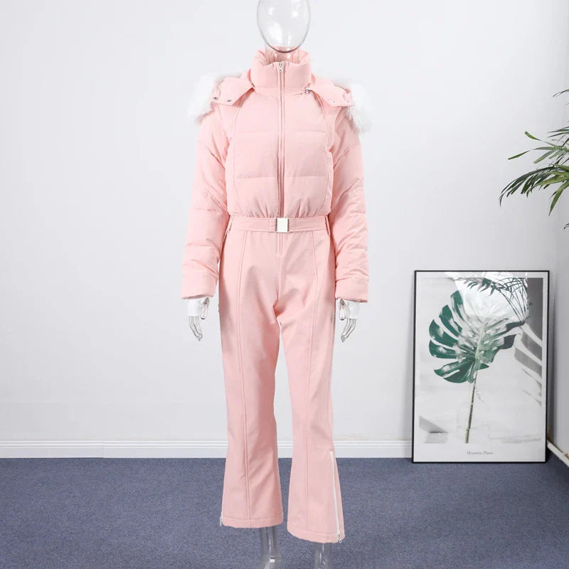 Women Pink Ski Wear Jumpsuit | Long Sleeve | Hoodie | Wide Leg Jumpsuit | Winter | Thick | Warm Pink Jumpsuit Coat