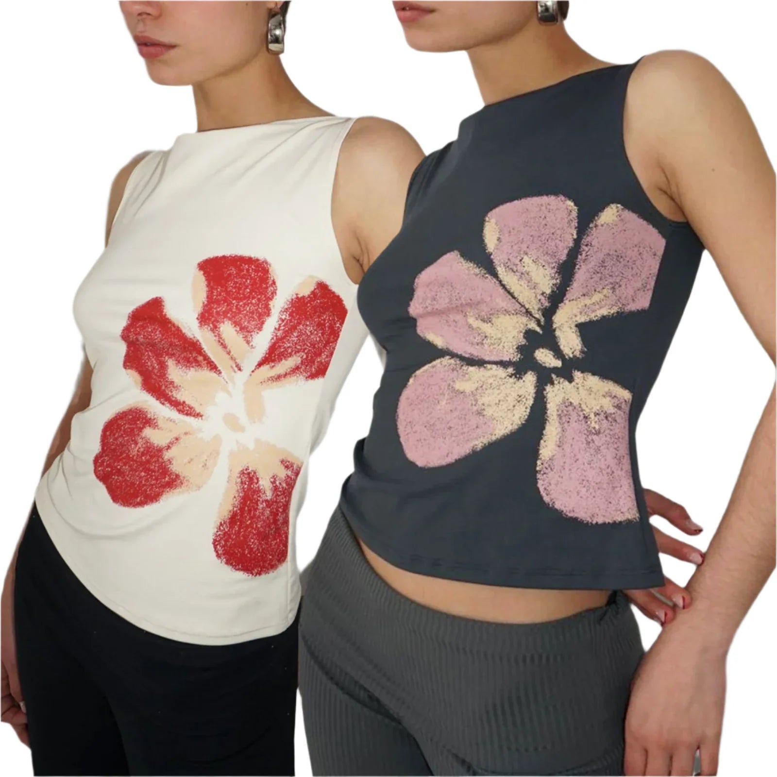Women Vintage Crop Tank Top | Slim Fitted | Flower Print Boat Neck Sleeveless Top