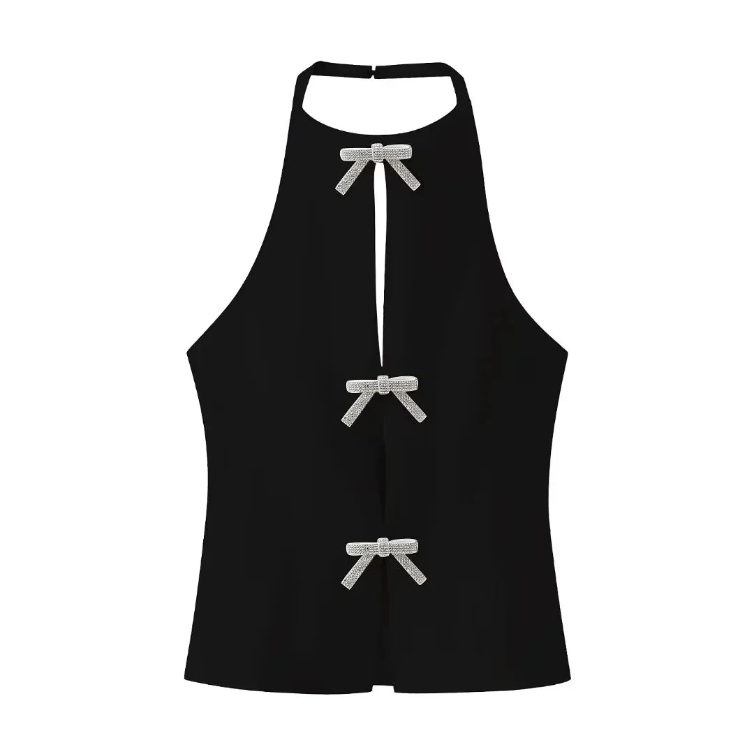 Women Vest Top with Rhinestone Bows | Women Sleeveless Sling Top Black