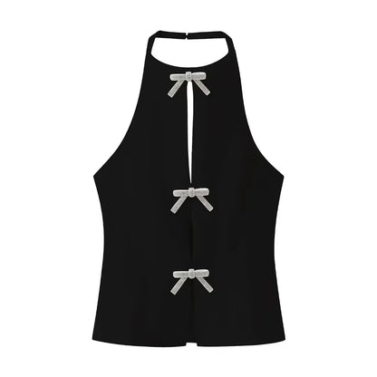 Women Vest Top with Rhinestone Bows | Women Sleeveless Sling Top Black