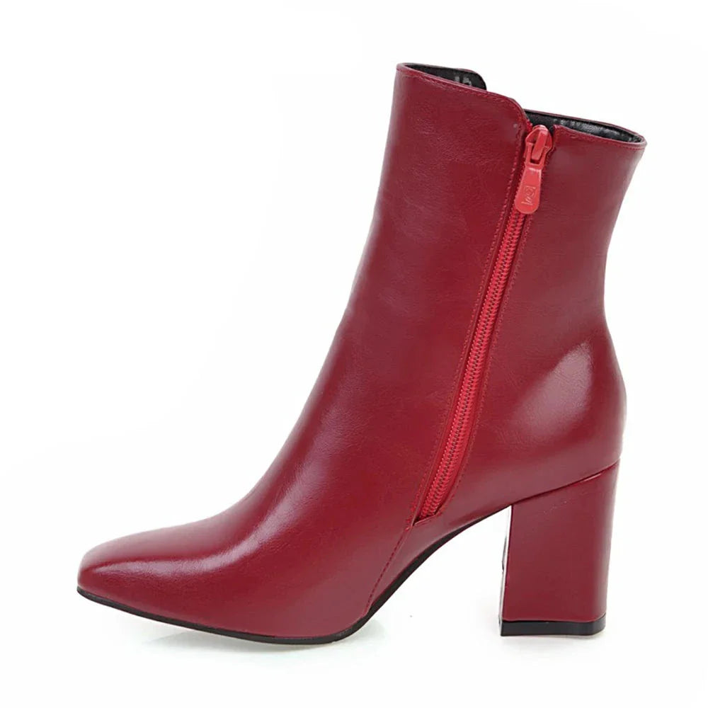 Women Winter Ankle Zipper Boots | High Block Heel Boots