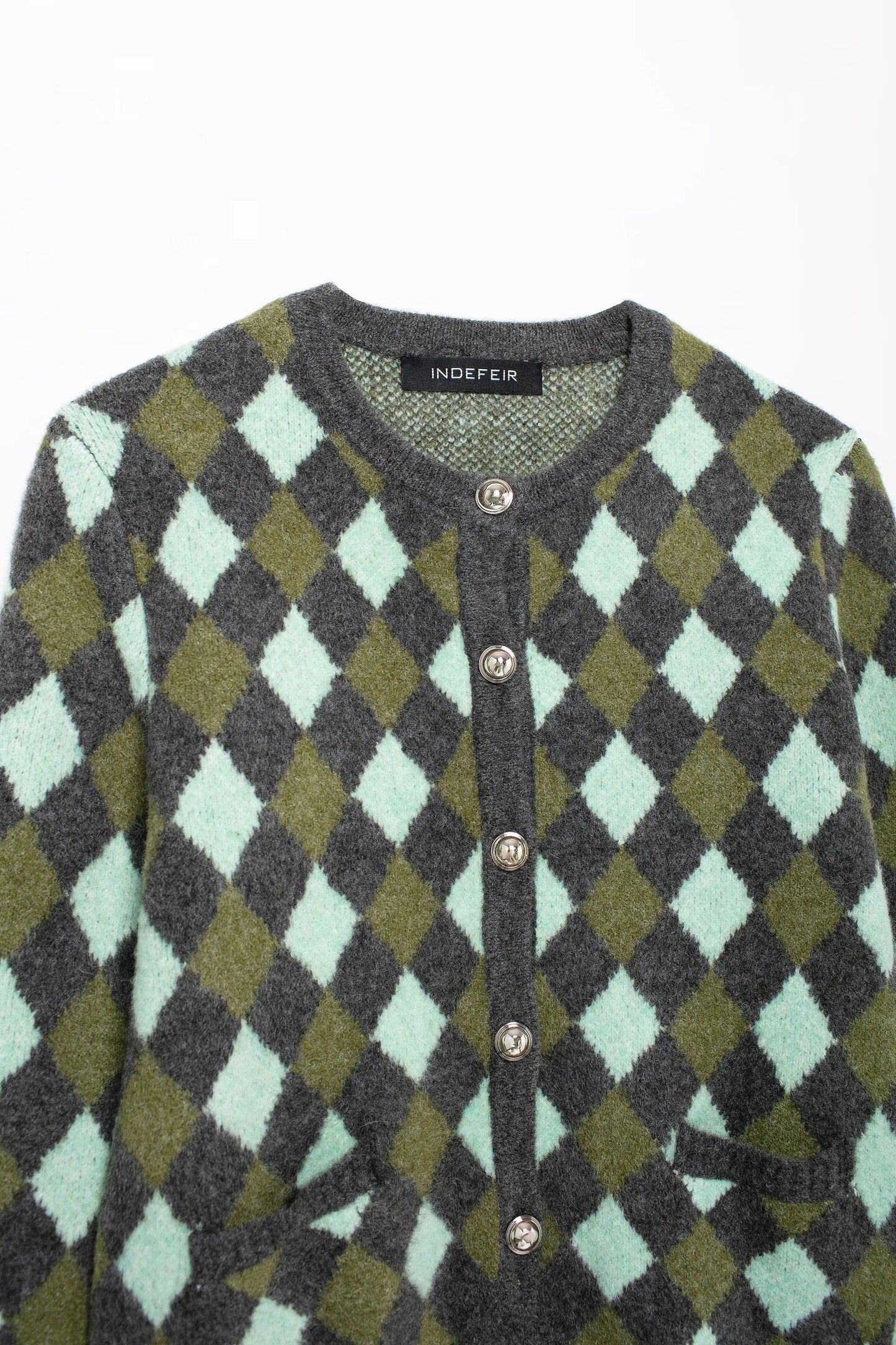 Women Vintage Argyle Sweater | Long Sleeve | Pockets | Knitted Cardigan