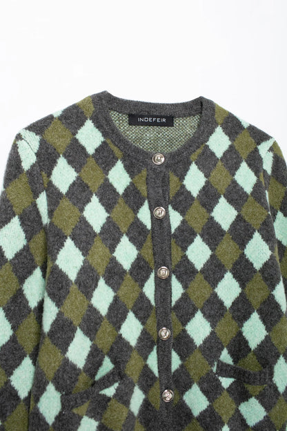 Women Vintage Argyle Sweater | Long Sleeve | Pockets | Knitted Cardigan
