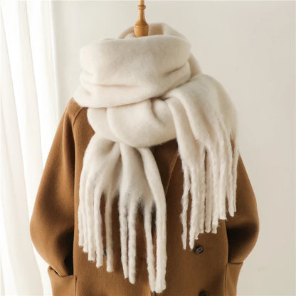 Women Warm Winter Cashmere Scarf | Thick Soft Tassel Shawl | Long Poncho | Echarpe | Pashmina White