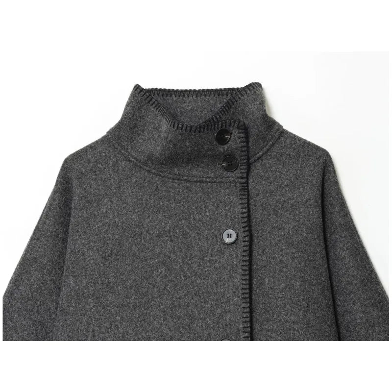 Women Short Jacket | Wide Shoulder | Vintage High Neck | Long Sleeve | Cape Coat