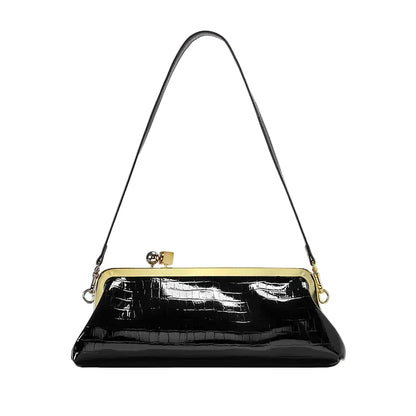 Women Leather Kiss Lock Bag | Long Clutch Bag | Luxury Shoulder Bag | Elegant Party Purse | Underarm Bag