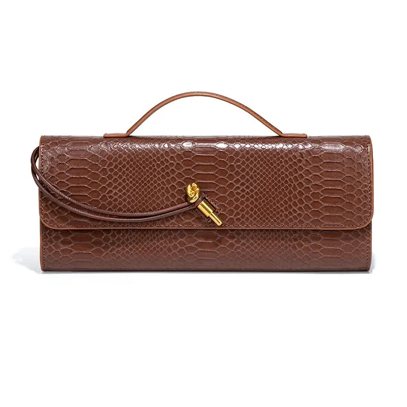 Women Luxury Design Top-Handle Leather Bag | Long Purse | Crocodile Pattern Bag brown