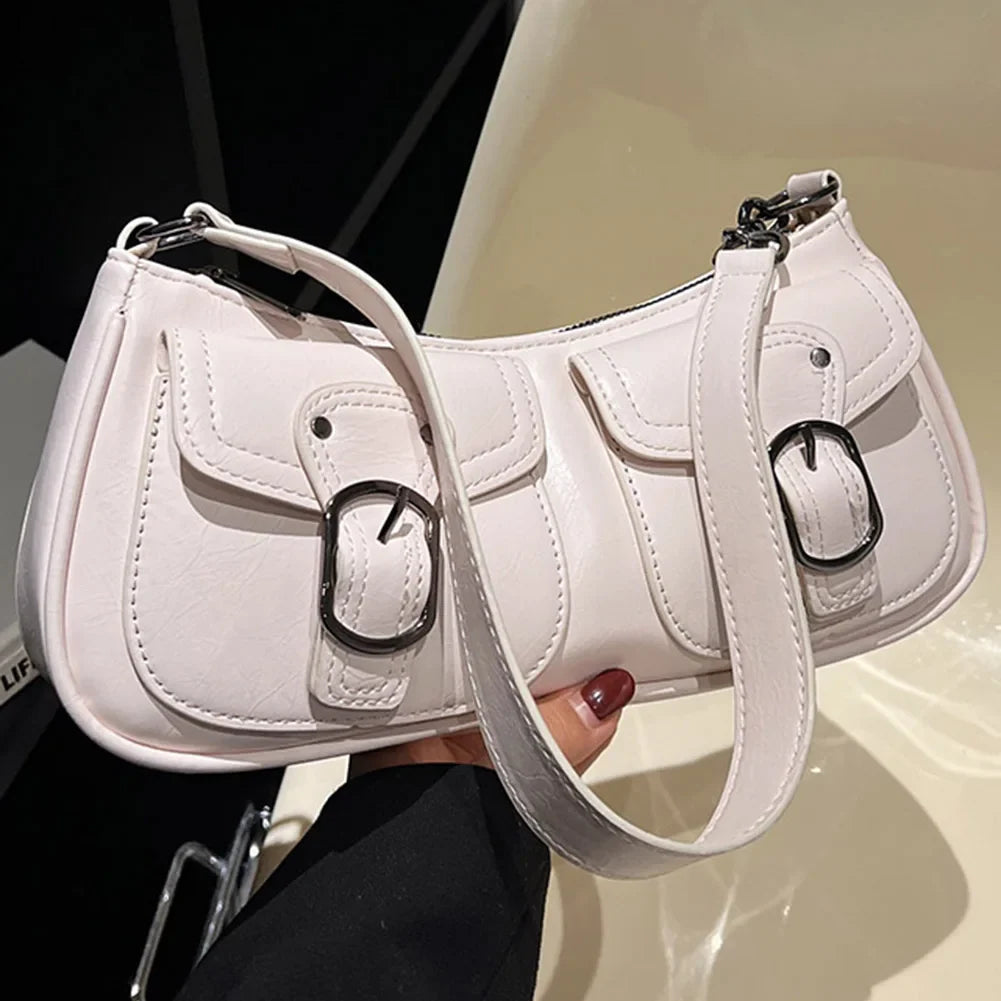Women Vintage Double Pockets Shoulder Bag | Leather Bag Beige