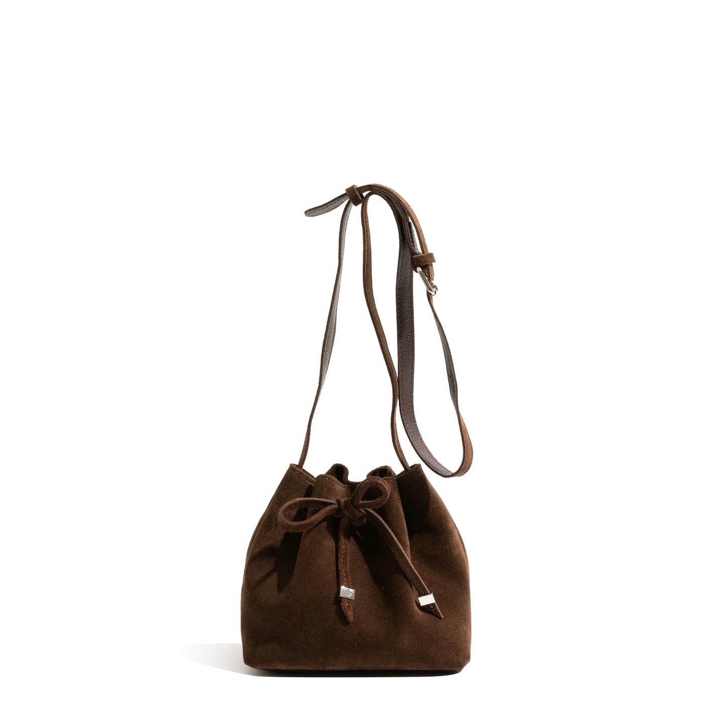 Women Suede Bucket Bag | Pleated Drawstring Bag dark brown