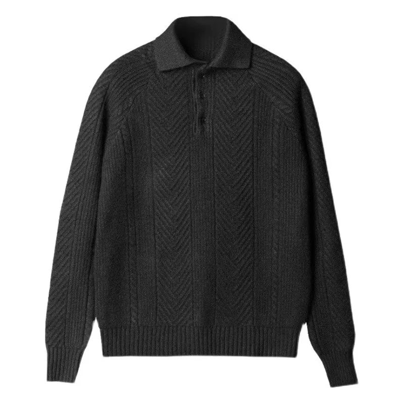 Men Textured Knitted Polo Long Sleeved Sweater | Zipper Jumper Winter Top Black