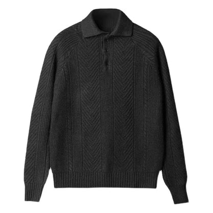 Men Textured Knitted Polo Long Sleeved Sweater | Zipper Jumper Winter Top Black