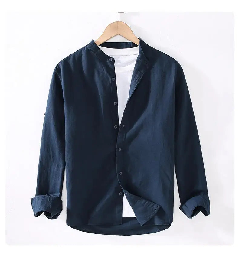 Men’s Mandarin Collared Linen Shirt | Long Sleeves Button Down Top | Plain Color Navy