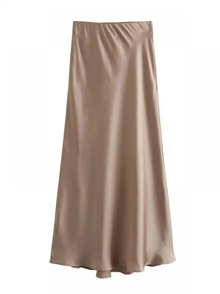 Women Solid Pleated Midi Satin Skirt | Mid Elastic Waist Vintage Skirt