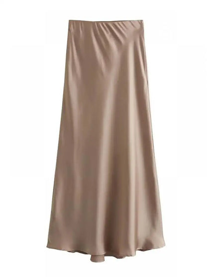Women Solid Pleated Midi Satin Skirt | Mid Elastic Waist Vintage Skirt