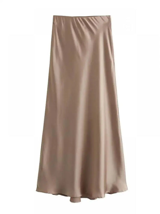 Women Solid Pleated Midi Satin Skirt | Mid Elastic Waist Vintage Skirt