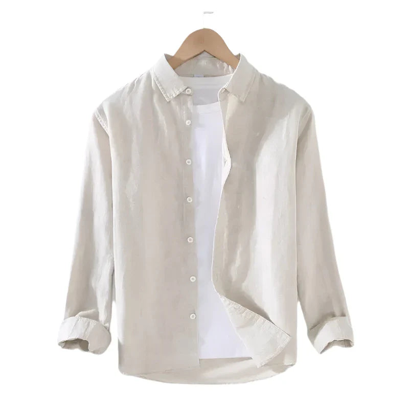 Men Linen Shirt | Long Sleeves Button Down Top | Stand Collar Plain Color Shirt Khaki