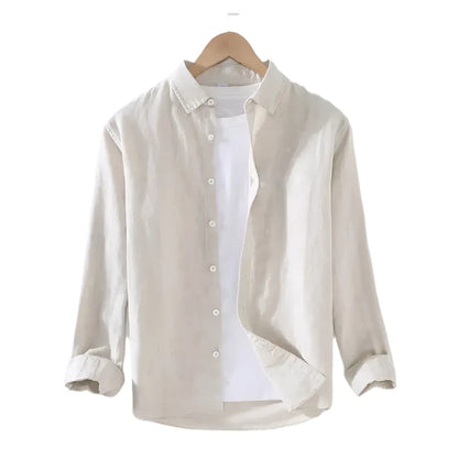 Men Linen Shirt | Long Sleeves Button Down Top | Stand Collar Plain Color Shirt Khaki