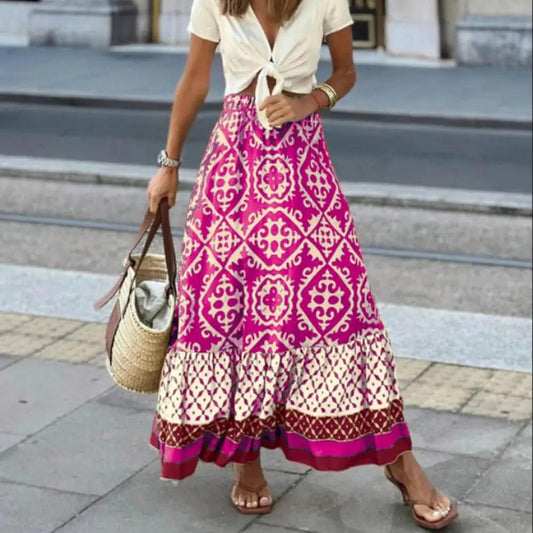 Seville | Women's Boho Maxi Skirt High Waist Floral Print Ruffle