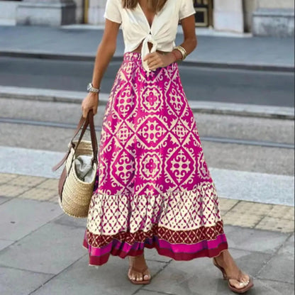 Seville | Women's Boho Maxi Skirt High Waist Floral Print Ruffle