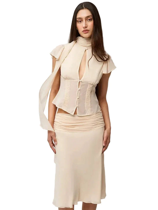 Women Summer Set | Chiffon Top | Chiffon Skirt | Midi Skirt | Short Top | Waist Cinching