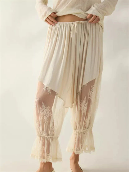 Women Loose Fit Bloomers Cropped Pants | High Waist | Floral Lace | Lantern Trousers