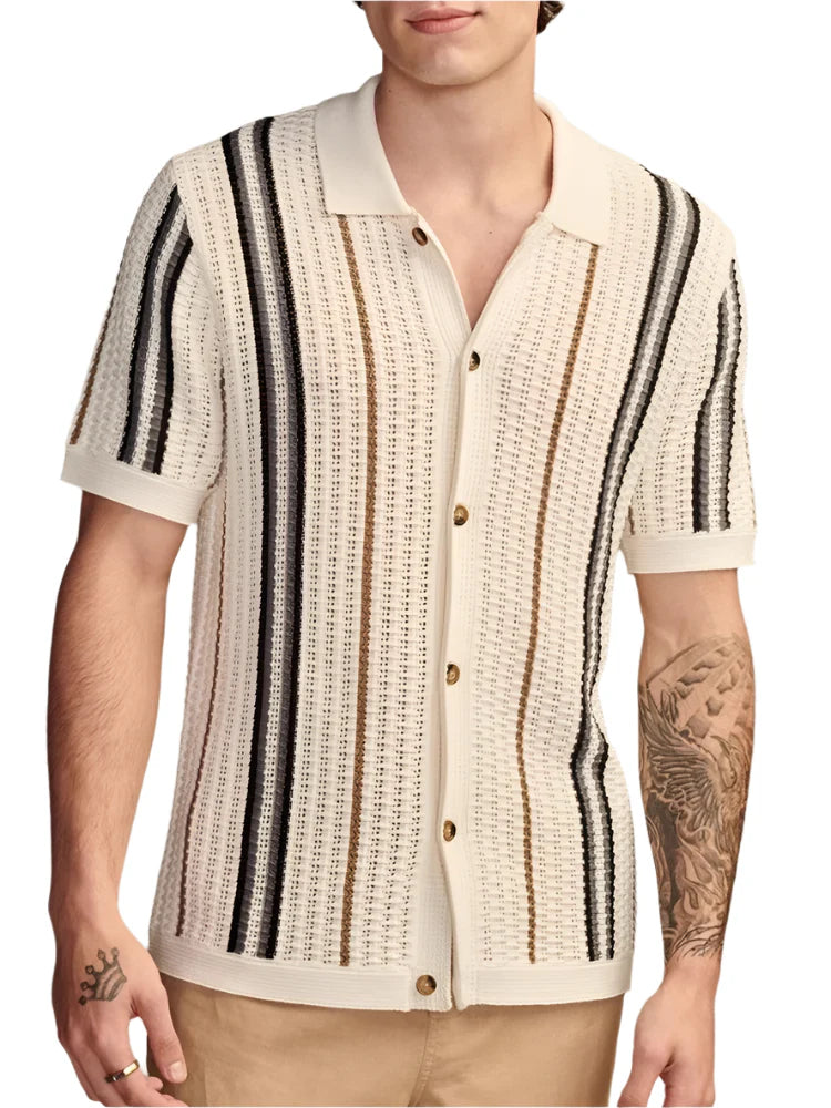 Men Knitted Summer Shirt | Casual Breathable Slim Fit Short Sleeve | Vintage Striped Crochet Knit Shirt Beige
