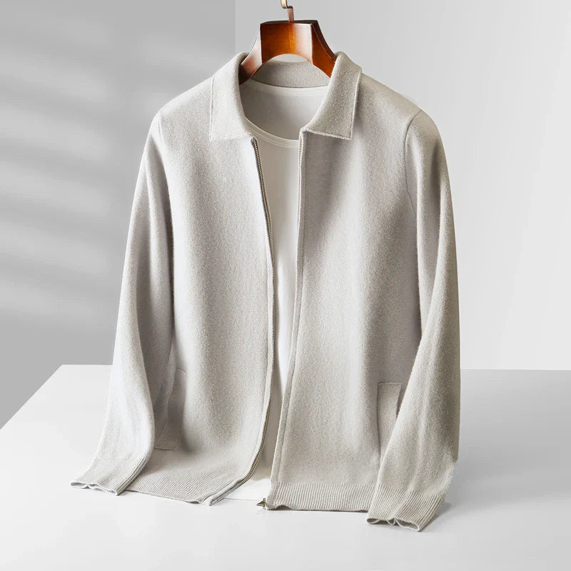 Men Cashmere Collared Cardigan | Knitted Loose Outerwear | Pure Wool Casual Coat Ivory