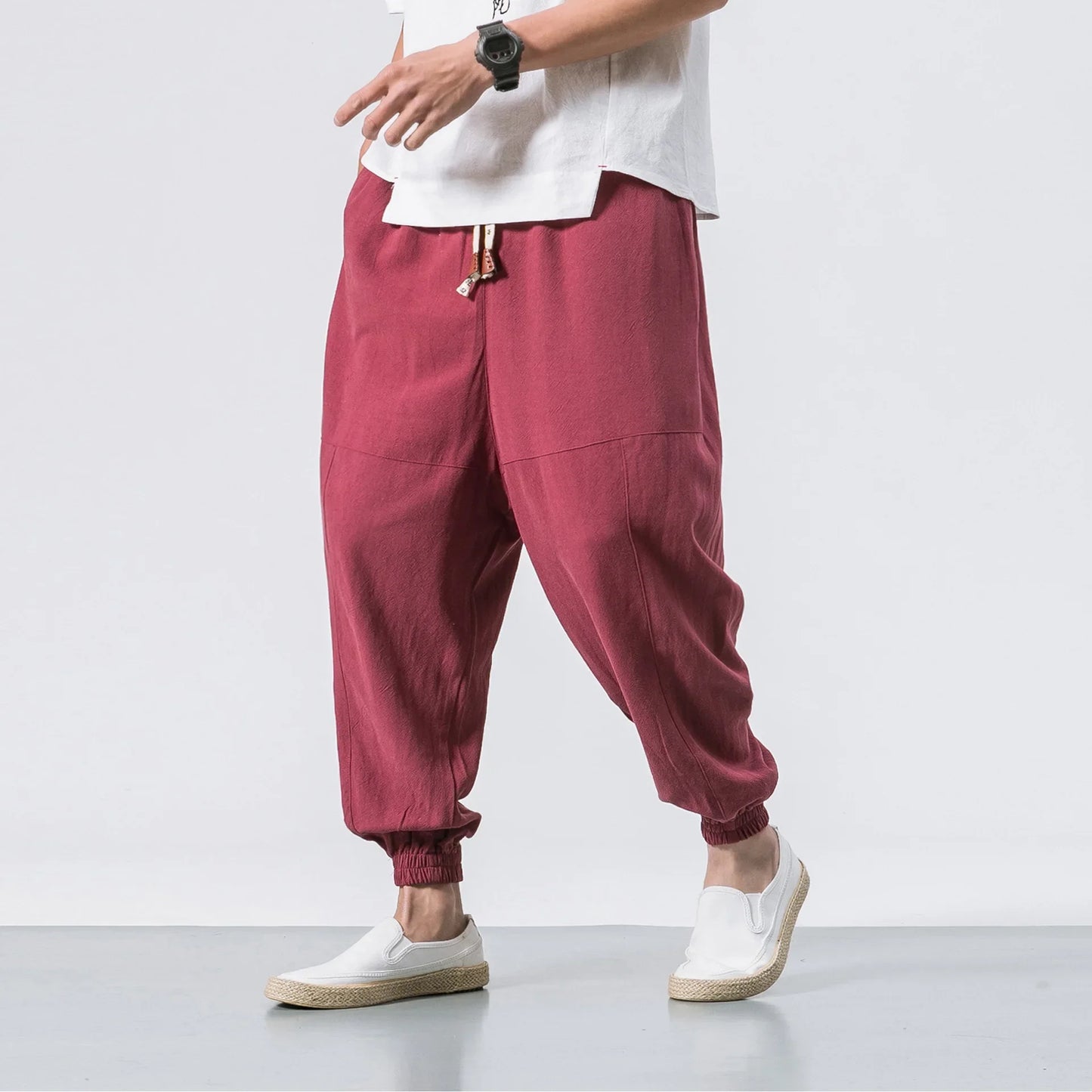 Men Tang Suit Jacket | Linen Top | Long Sleeve Burgundy Bottom