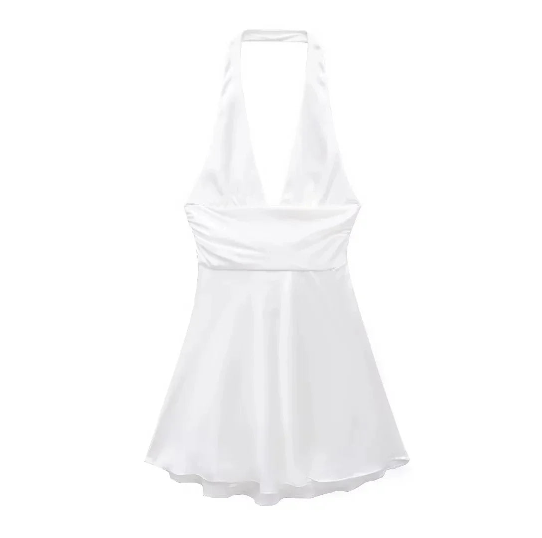 Women Satin Halter Mini Dress | Off Shoulder Backless Short Party Dress White