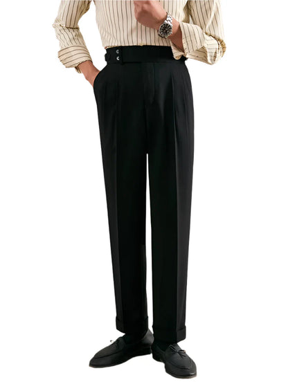 Men Naples Style Trousers | Vintage Belt Buttoned Suit Trousers | Casual Pants Black