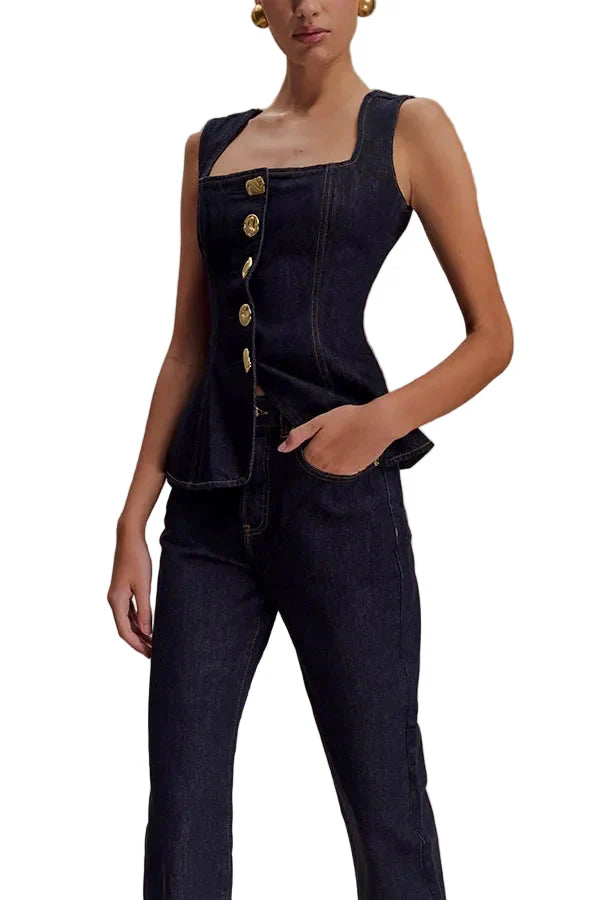 Women Summer Denim High Waist Button Down Top | Vest | Denim Pants | Set